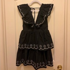 Boutique Black Ruffle Dress with White Embroidery